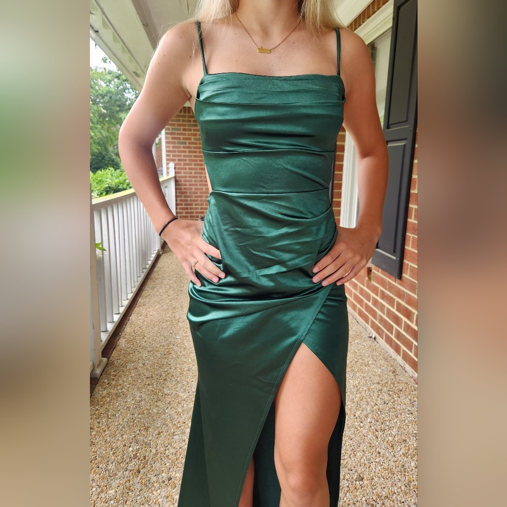 Windsor Emerald Satin Spaghetti-Strap High-Low Dress
